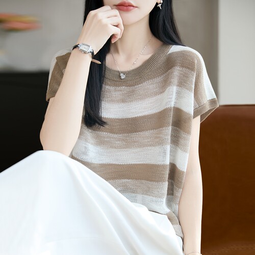 撞色条纹针织短袖t恤女夏季薄款冰丝针织衫大码女装上衣