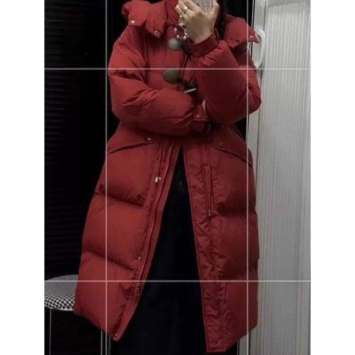 羽绒服女修身长款2025冬季新款收腰显瘦连帽加厚白鸭绒保暖外套潮
