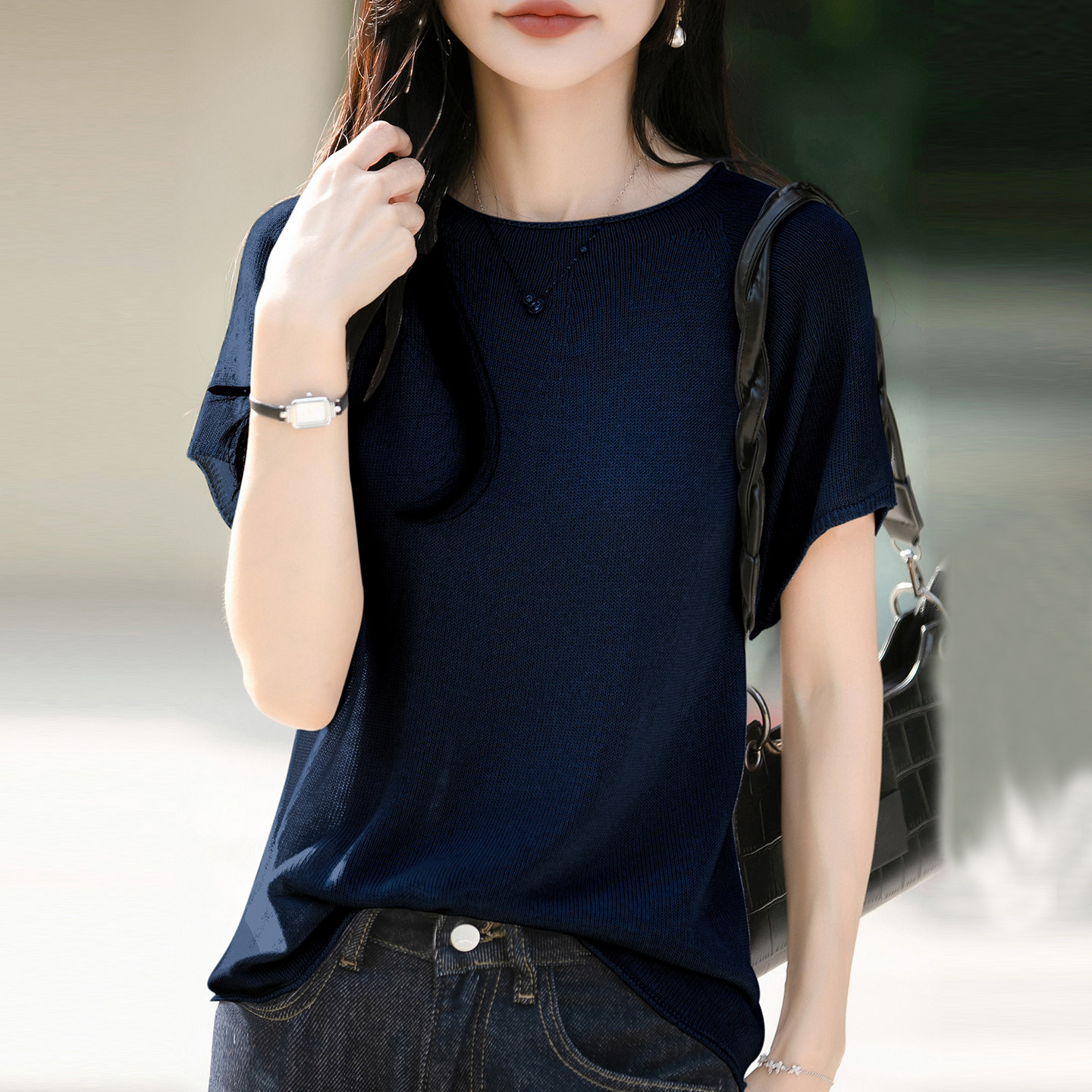纯色时尚针织短袖t恤女夏季薄款冰丝针织衫大码女装上衣