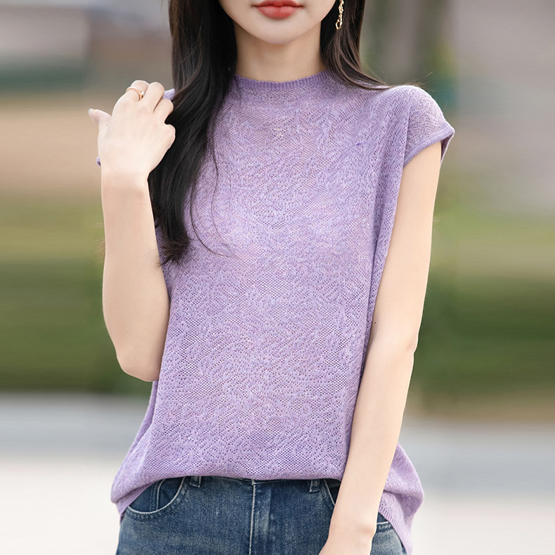 镂空时尚针织短袖t恤女夏季薄款冰丝针织衫大码女装上衣