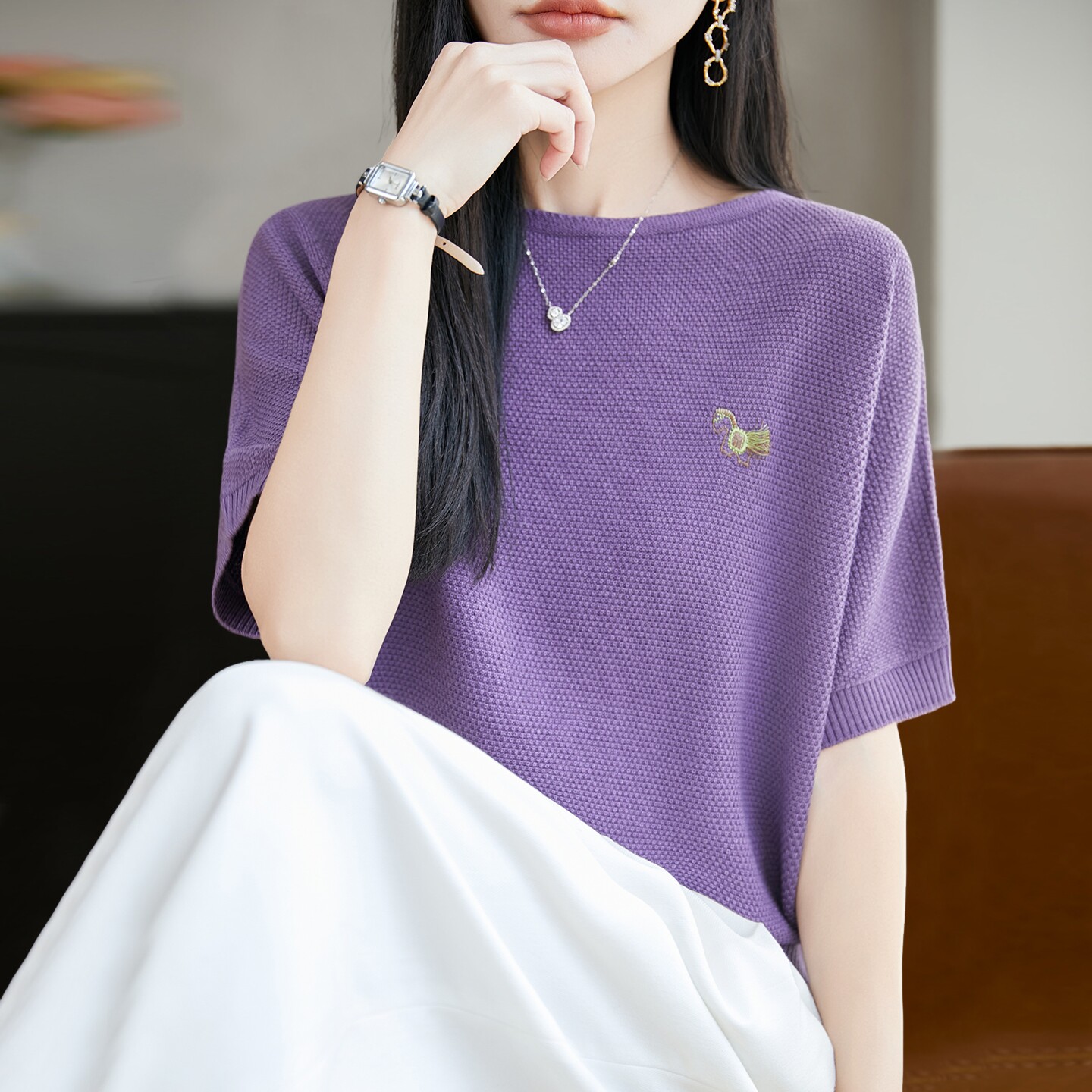 刺绣绣花针织短袖t恤女夏季薄款冰丝针织衫大码女装上衣