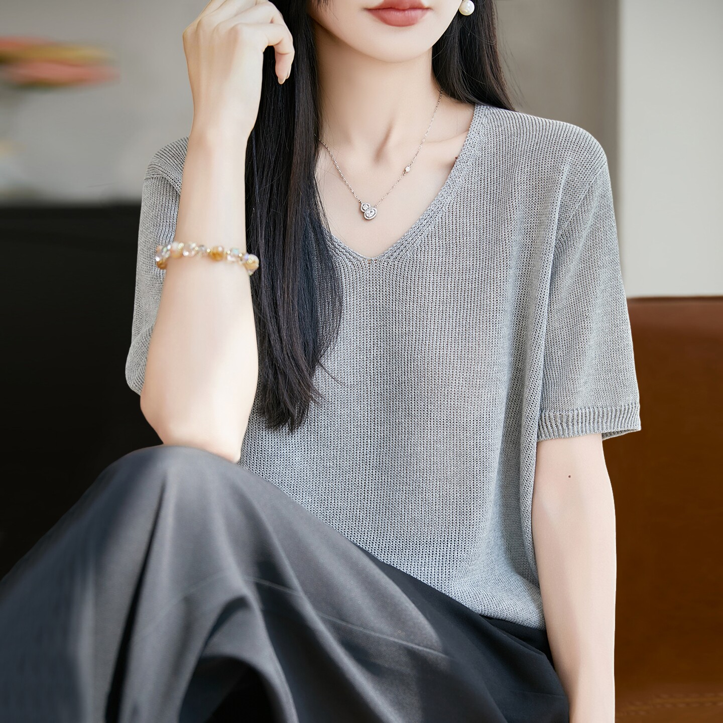 针织条纹圆领短袖t恤女夏季薄款冰丝针织衫大码女装上衣