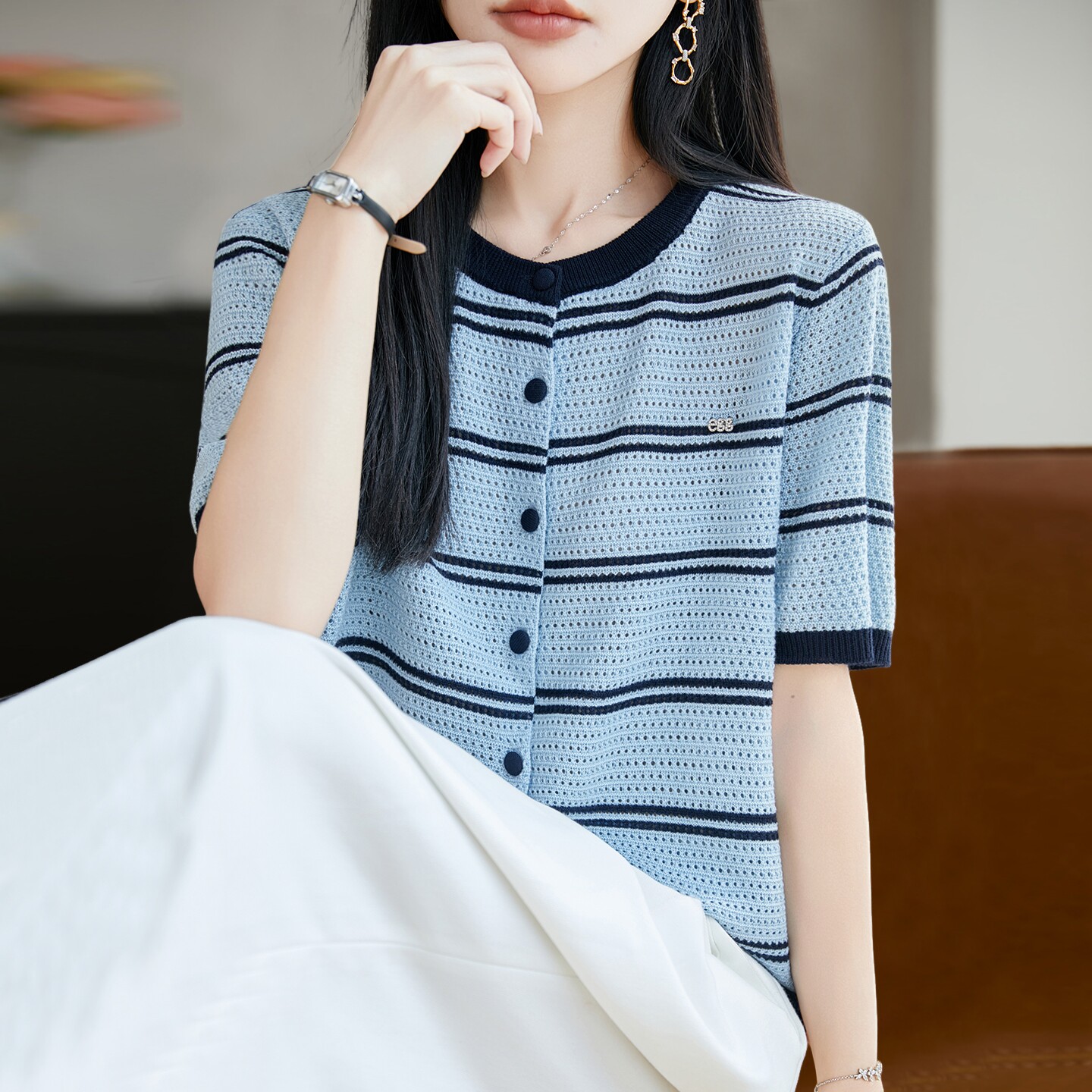 镂空针织开衫短袖t恤女夏季薄款冰丝针织衫大码女装上衣