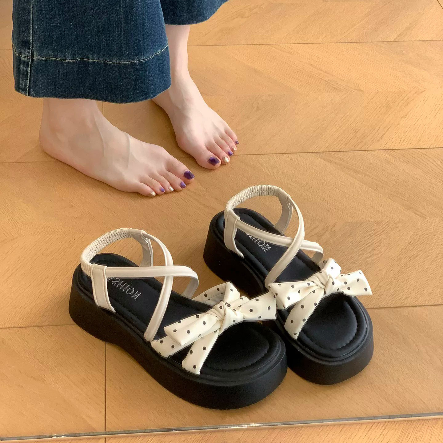 小碎花高级感凉鞋女外穿 新款夏季增高厚底松糕蝴蝶结沙滩凉鞋
