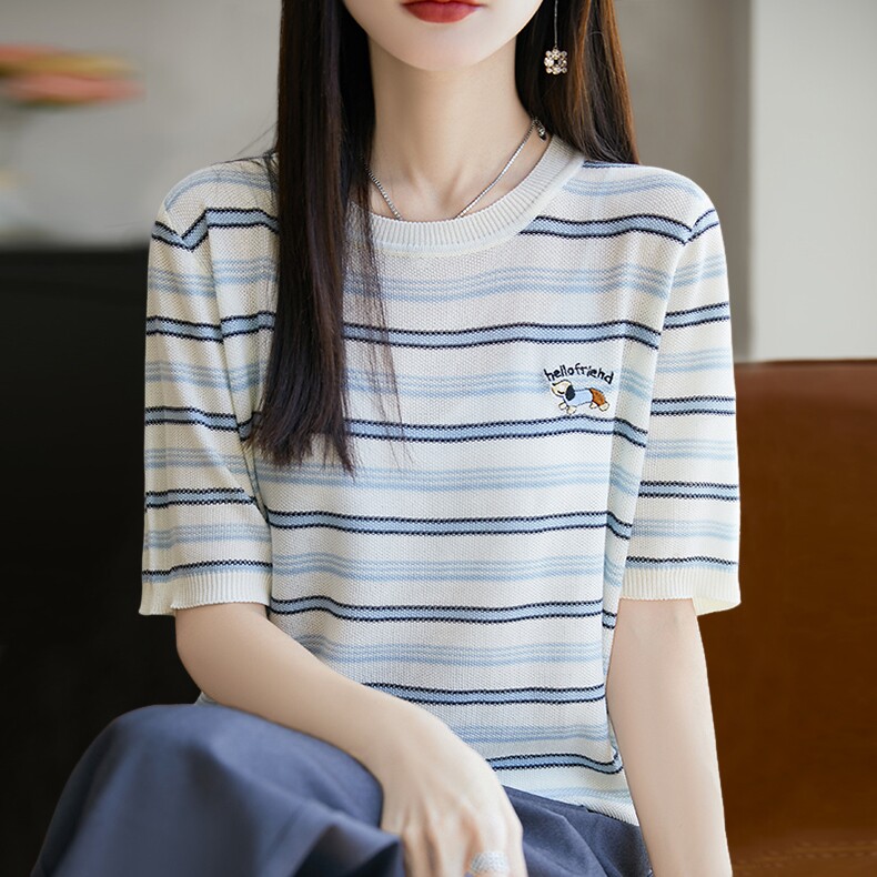 拉夏贝尔 条纹刺绣针织短袖t恤女夏季薄款冰丝针织衫大码女装上衣