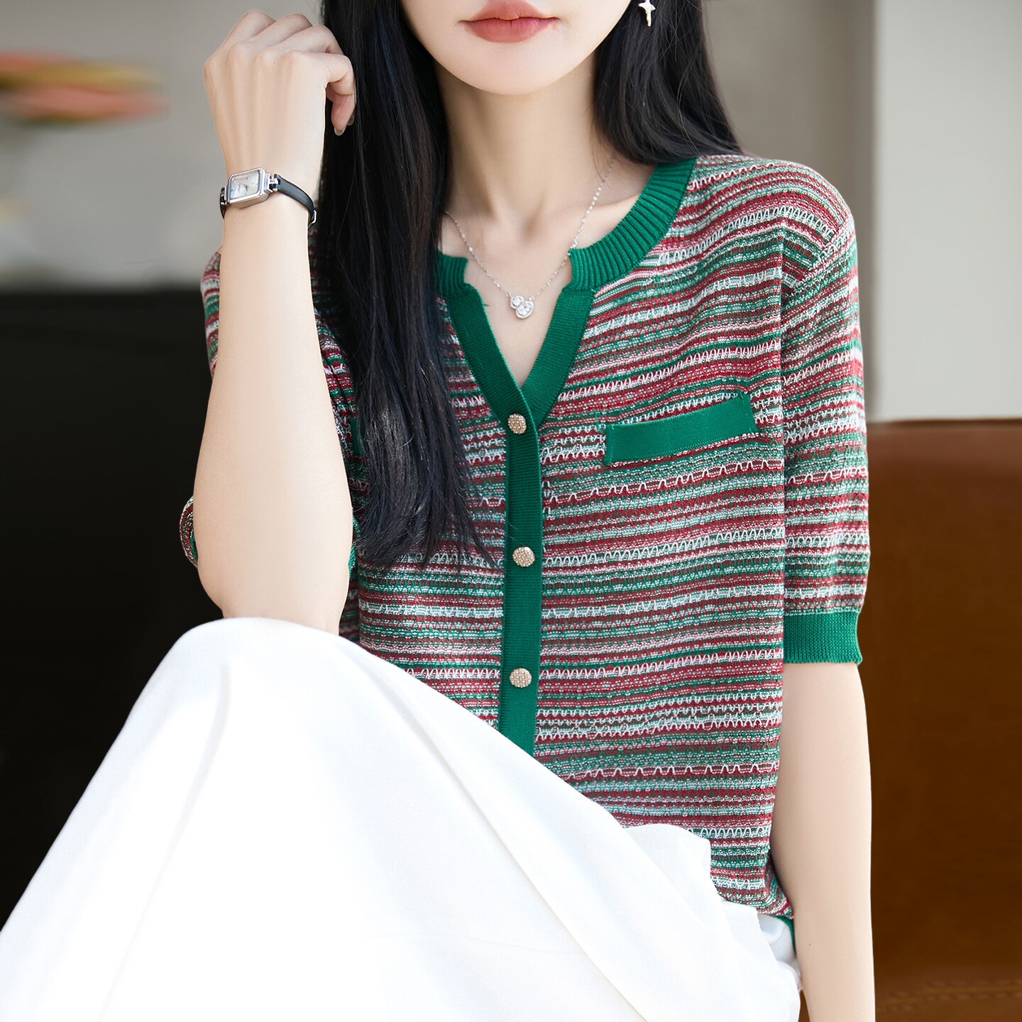 拉夏贝尔 V领撞色针织短袖t恤女夏季薄款冰丝针织衫大码女装上衣