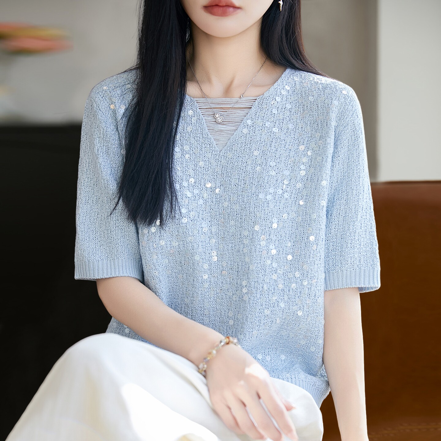 新款镂空亮片针织短袖t恤女夏季薄款冰丝针织衫大码女装上衣
