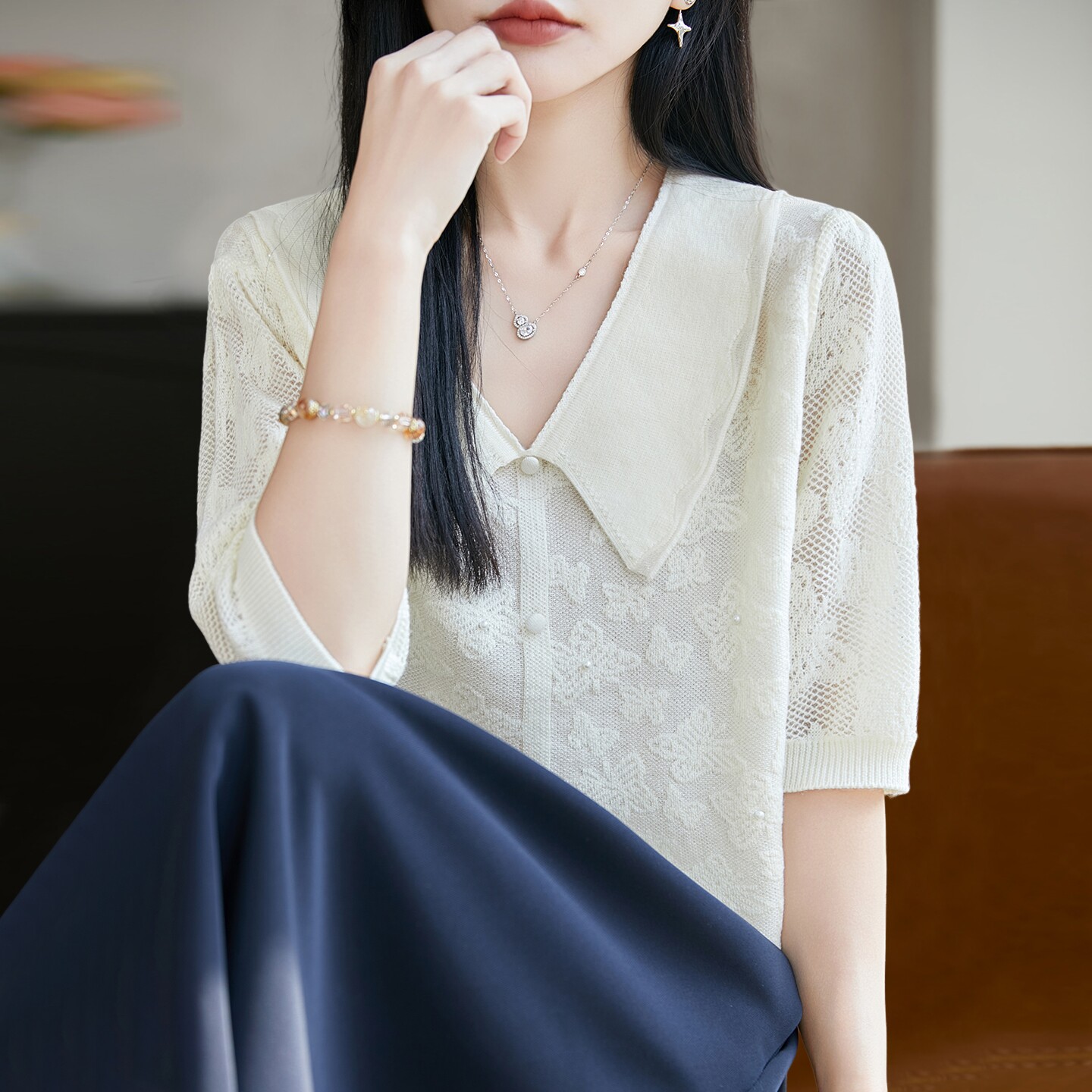 翻领蕾丝提花短袖t恤女夏季薄款冰丝针织衫大码女装上衣