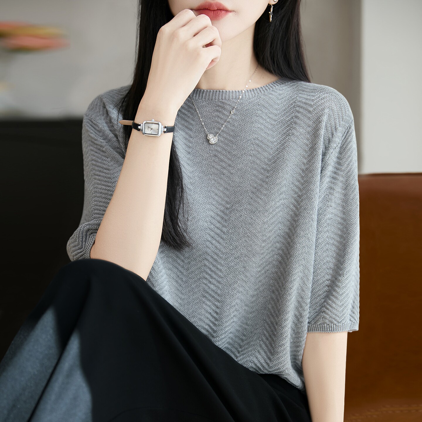 纯色时尚针织短袖t恤女夏季薄款冰丝针织衫大码女装上衣