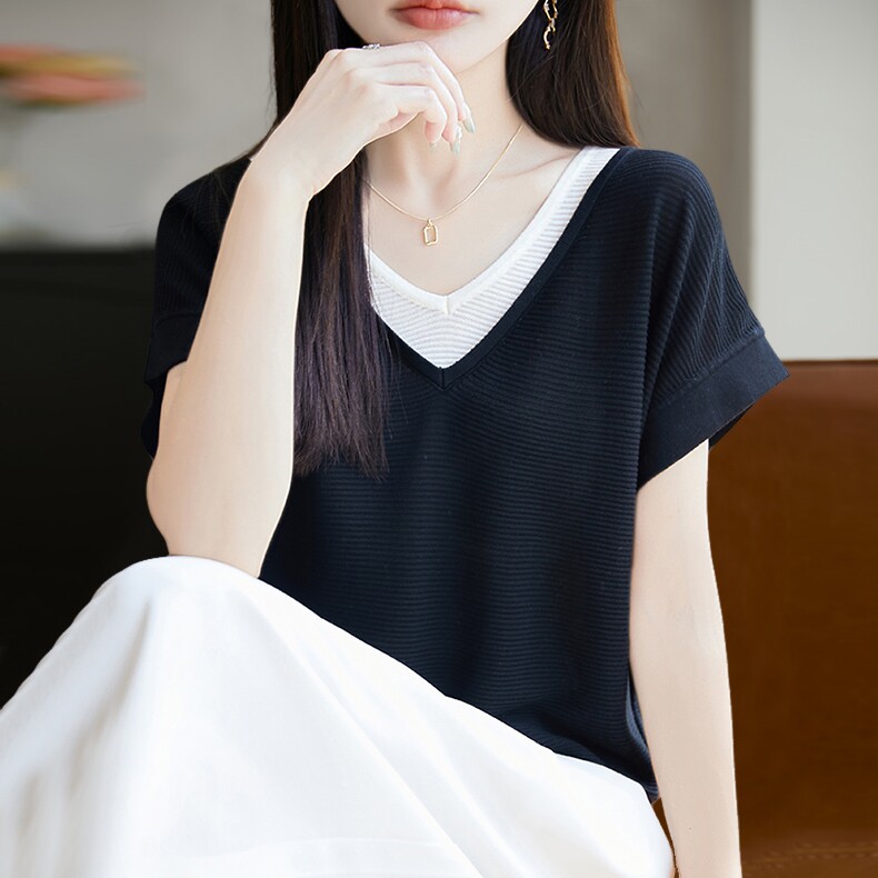 拉夏贝尔 V领拼接针织短袖t恤女夏季薄款冰丝针织衫大码女装上衣