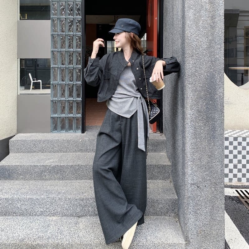 小个子显高套装女秋季深灰立领短外套不规则内搭高腰阔腿裤三件套