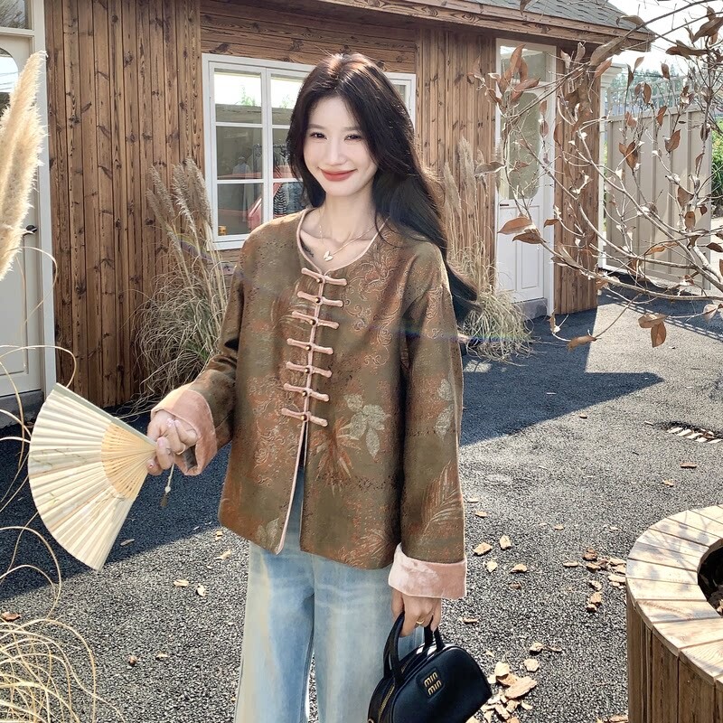 新中式国风提花盘扣外套女秋季复古圆领短款唐装上衣气质汉服外搭