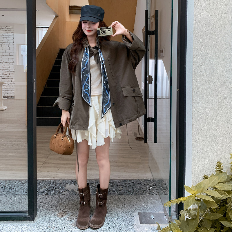 早秋工装风外套女宽松慵懒风抽绳短款风衣小个子休闲夹克上衣