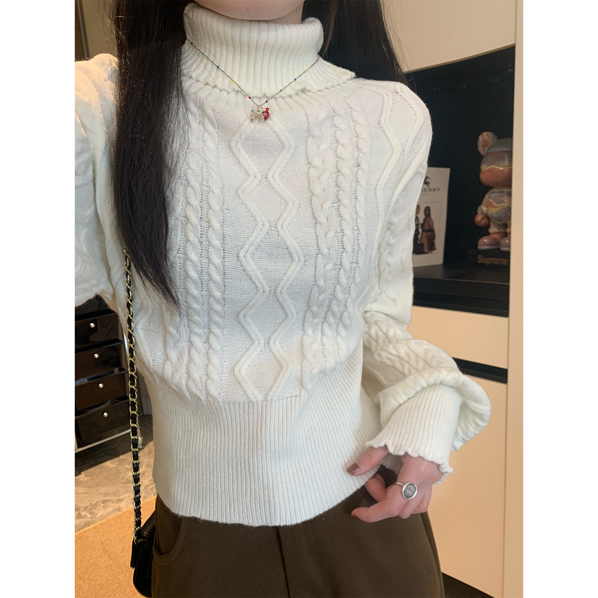 欧美纯欲修身显瘦短款麻花针织衫毛衣女高领加厚打底衫堆堆领上衣