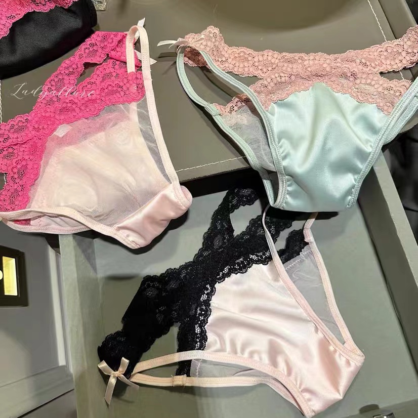蕾丝内裤女士低腰玫粉色辣妹纯欲风蝴蝶结性感缎面三角裤2024新款