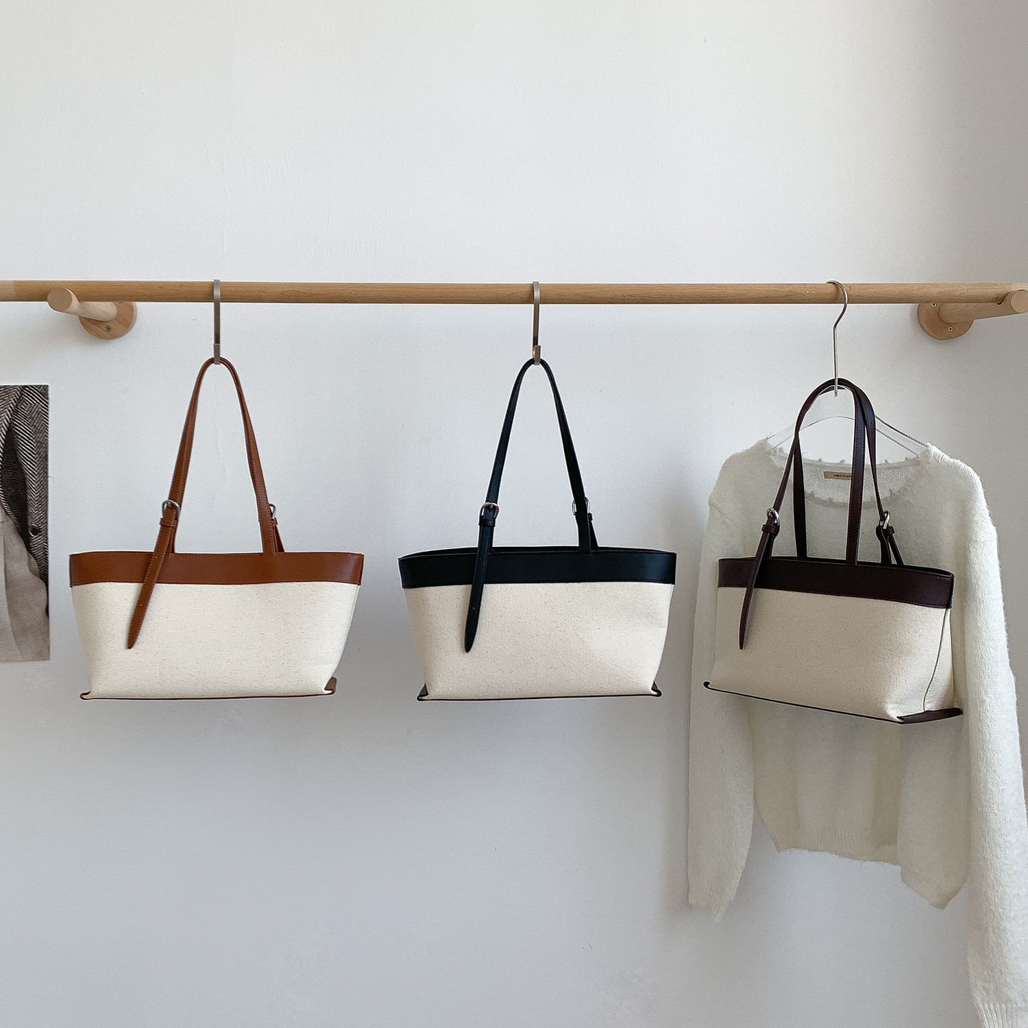 EMORRIN韩版小众帆布拼接大容量通勤托特包百搭时尚手提单肩包女