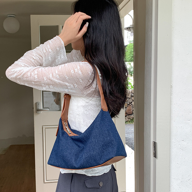 EMORRIN韩版小众设计感拼接牛仔布百搭腋下包复古手提单肩包包女