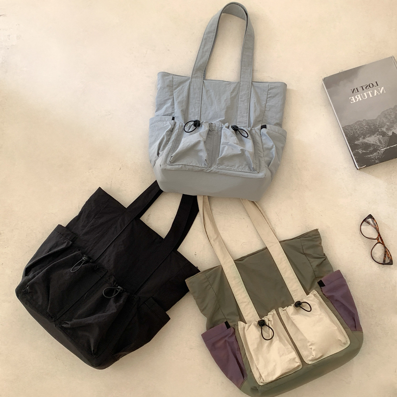 EMORRIN韩版尼龙撞色拼接大容量多口袋托特包百搭通勤手提单肩包