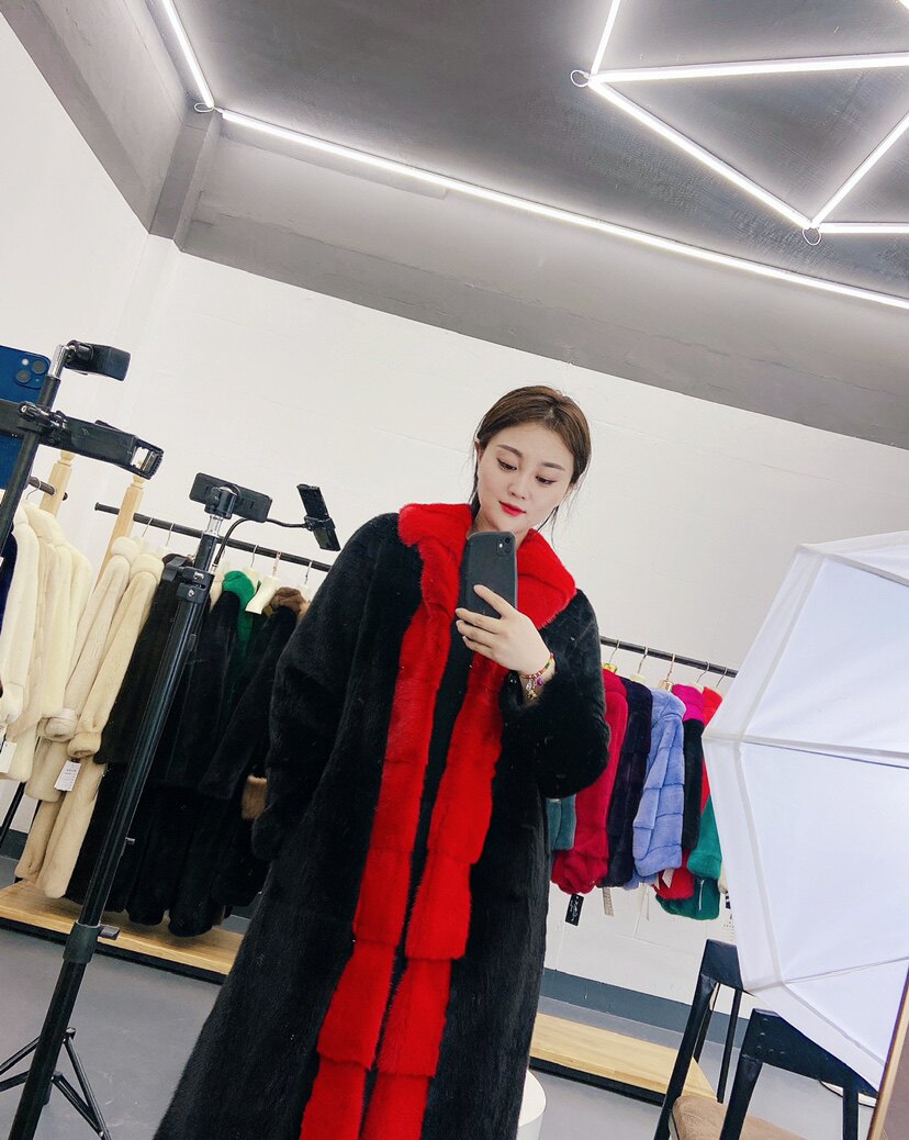 进口水貂外套 长款 扫雪貂毛领