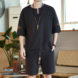 夏季刺绣套装男风青年宽松小V口盘扣两件套A266-1-TZ6988-P60，男装休闲套装，电商A266-1