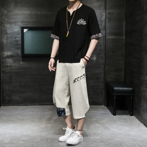 夏季风刺绣套装男大码宽松小V口盘扣两件套A266-1-TZ4087-P75图片