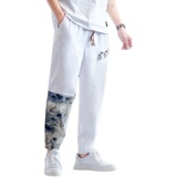 抽绳小脚长裤风拼接亚麻束脚休闲裤男复古韩版A266-1-K41-P50，男装休闲裤，电商A266-1