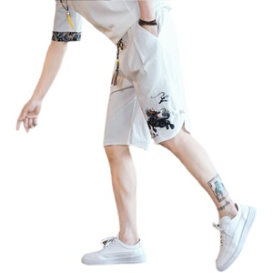 刺绣麒麟短裤男韩版休闲直筒风中裤子复古男装A266-1-K53-P40图片