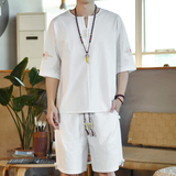 夏季风青年套装男大码宽松小V口盘扣两件套A266-1-TZ6986-P60，男装休闲套装，电商A266-1
