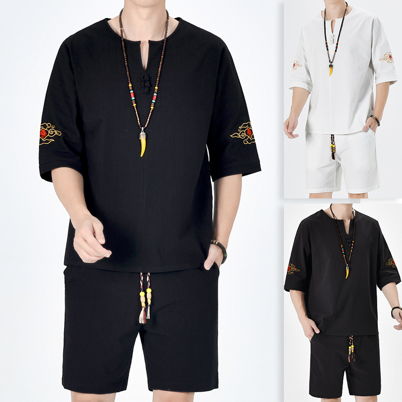 夏季风青年套装男大码宽松古风盘扣两件套A266-1-TZ6988-P60，男装休闲套装，电商A266-1