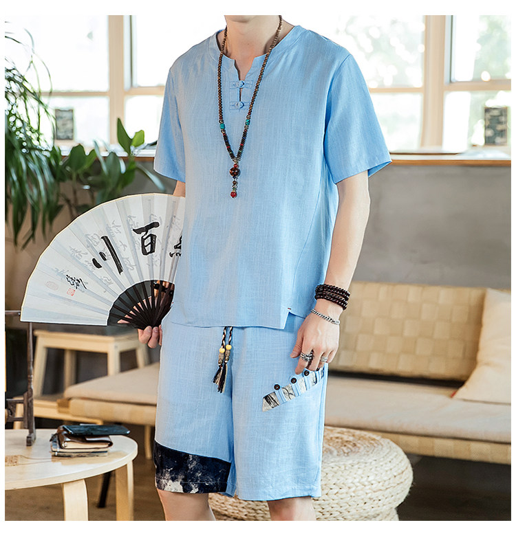 夏季风一套亚麻两件套短裤盘扣复古男装A266-1-TZ4956-P75，男装牛仔裤，电商A266-1