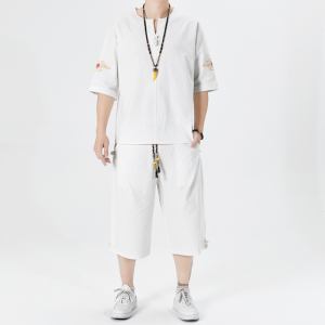 风盘扣套装男大码宽松小V口夏季青年两件套A266-1-TZ6987-P65