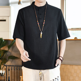 棉麻风男装T恤男圆领宽松纯色盘扣夏季青年A266-1-T161-P50，男装T恤，电商A266-1