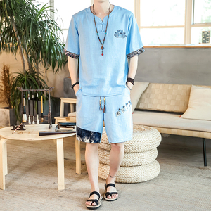 夏季风一套亚麻两件套短裤盘扣复古男装A266-1-TZ4957-P75图片