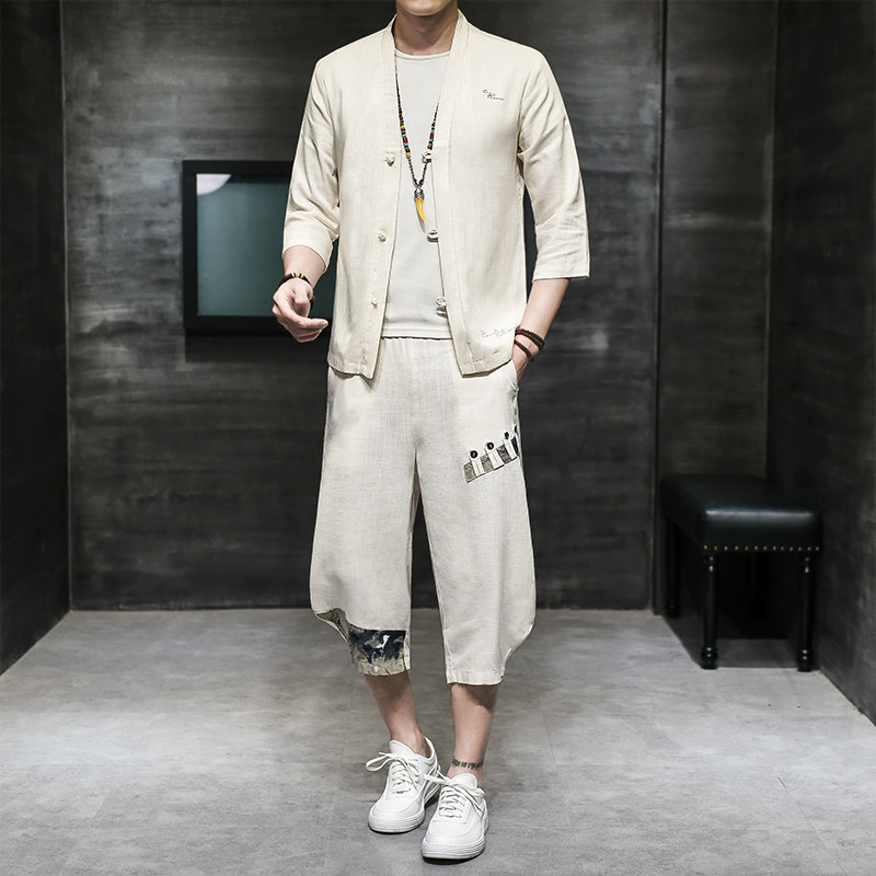 夏季风开衫亚麻一套男装七分袖两件套A266-1-TZ4058-P75,男装卫衣,电商A266-1
