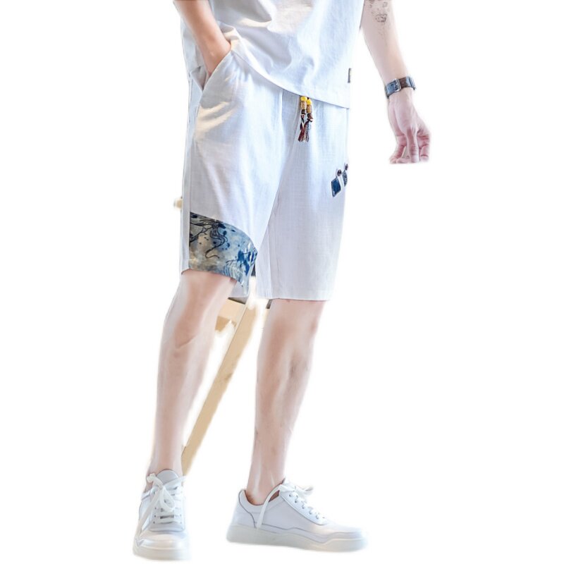 抽绳亚麻短裤男2025夏季新款宽松大码拼接休闲裤A266-1-K49-P35,男装牛仔裤,电商A266-1