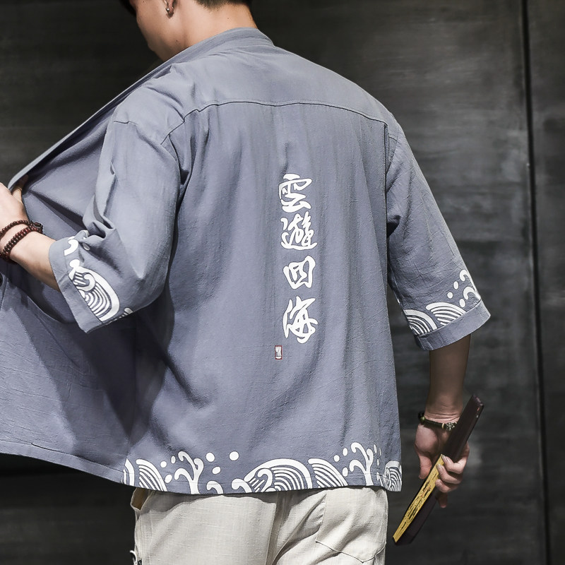 棉麻风男装T恤男圆领宽松汉服盘扣夏季青年A266-1-F58-P40,男装T恤,电商A266-1