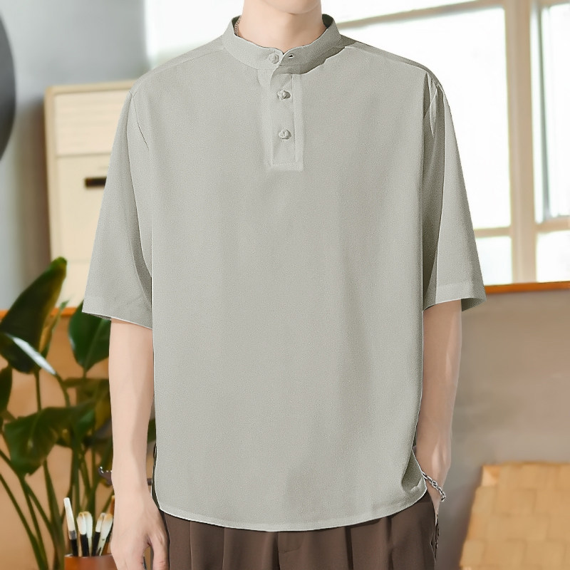 棉麻风男装T恤男圆领宽松纯色盘扣夏季青年A266-1-T161-P50图片