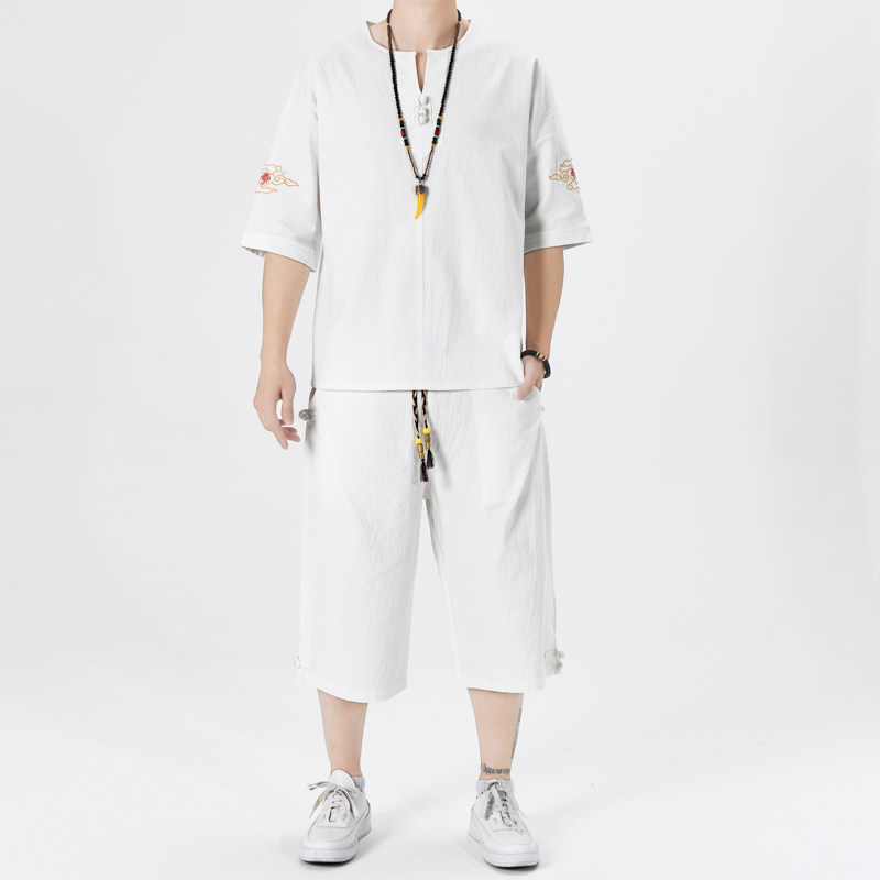 风盘扣套装男大码宽松小V口夏季青年两件套A266-1-TZ6987-P65,男装休闲套装,电商A266-1
