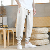 刺绣风休闲裤男抽绳盘扣波点棉麻九分裤长裤裤A266-1-K85-P60，男装休闲裤，电商A266-1