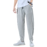 条纹风休闲裤男宽松青年小脚棉麻盘扣哈伦长裤A266-1-K58-P50，男装休闲裤，电商A266-1