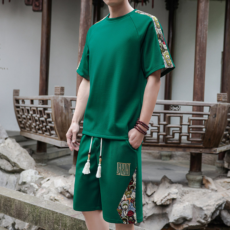 男士刺绣休闲运动套装短袖一套风A266-1-TZ9958-P50特批控78，男装休闲套装，电商A266-1