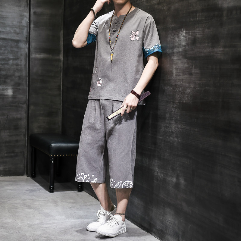 汉服风青年套装男大码宽松印花盘扣两件套A266-1-TZ1986-P90,男装休闲套装,电商A266-1