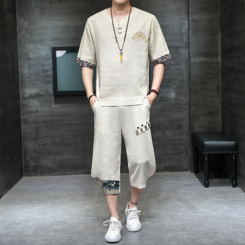 夏季风刺绣套装男大码宽松小V口盘扣两件套A266-1-TZ4087-P75,男装休闲套装,电商A266-1