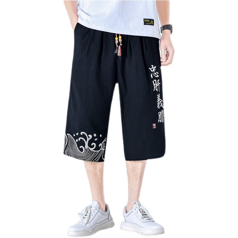 风刺绣棉麻七分裤男裤子宽松夏季中裤男装抽绳A266-1-K08-P50,男装牛仔裤,电商A266-1