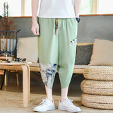 夏季风亚麻七分裤男抽绳宽松7分拼接休闲裤子A266-1-K51-P35，男装牛仔裤，电商A266-1