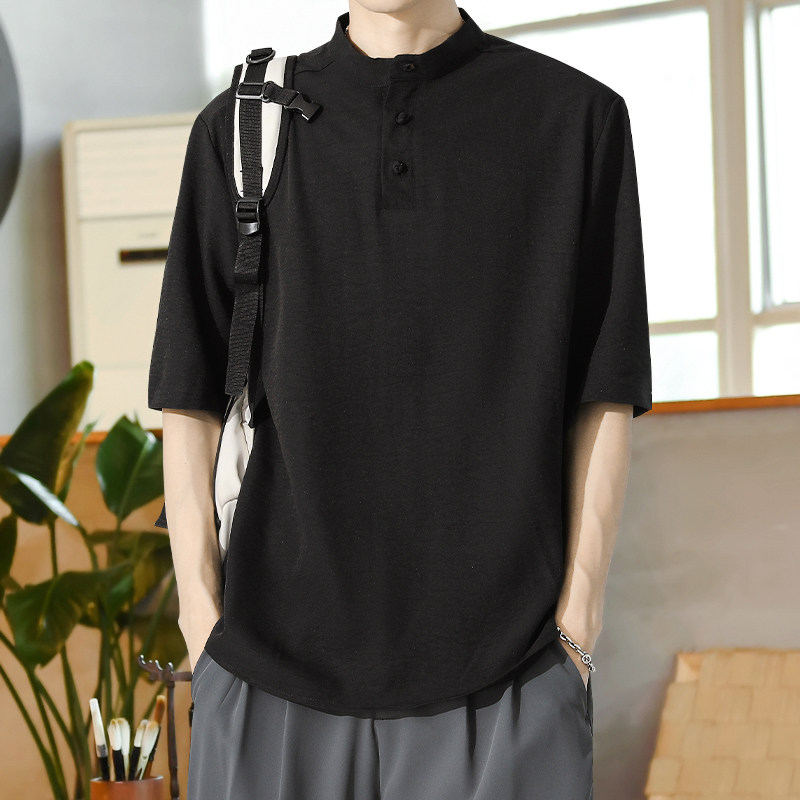棉麻风男装T恤男圆领宽松纯色盘扣夏季青年A266-1-T161-P50图片