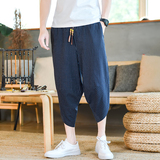 棉麻风七分裤抽绳条纹男装复古休闲裤夏季A266-1-K82-P40，男装牛仔裤，电商A266-1
