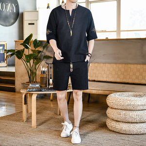 夏季刺绣套装男风青年宽松小V口盘扣两件套A266-1-TZ6988-P60图片