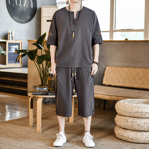 夏季风青年套装男刺绣宽松小V口盘扣两件套A266-1-TZ6987-P65图片