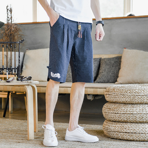 夏季棉麻风七分裤抽绳条纹男装复古休闲裤A266-1-K59-P40图片